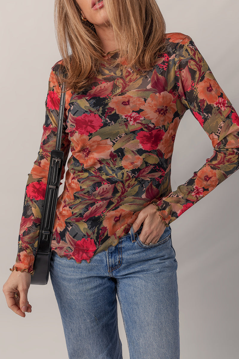 Load image into Gallery viewer, DLLS128 - Ladies Multicolour Floral Print Lettuce Trim Long Sleeve Mesh Top
