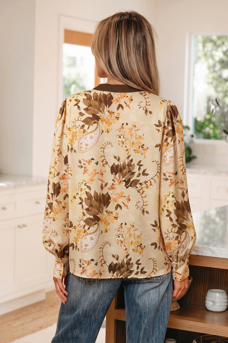 Load image into Gallery viewer, DLLS865 - Ladies Khaki Paisley Print Tie Neck Long Sleeve Blouse
