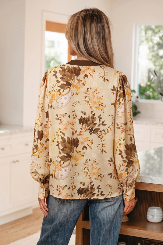 DLLS865 - Ladies Khaki Paisley Print Tie Neck Long Sleeve Blouse