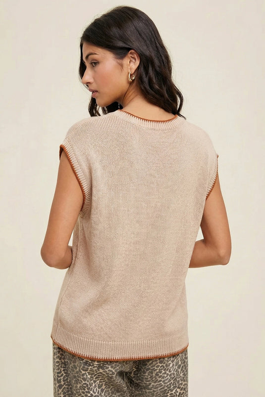 DLLS713 - Ladies Parchment Contrast Trim Short Sleeve Knit HOWDY Western Sweater