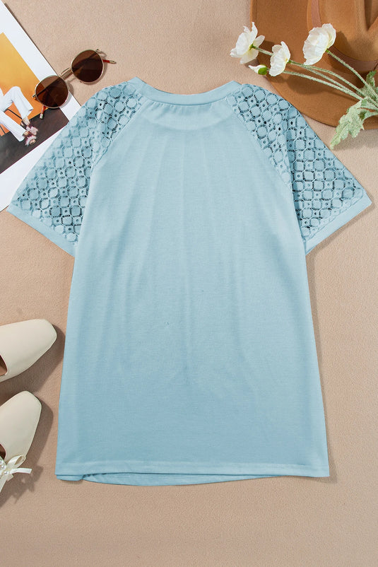 DLLS477 - Ladies Mist Blue Contrast Lace Raglan Sleeve Tee