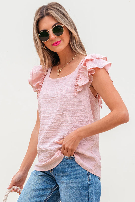 DLLS345 - Ladies Gossamer Pink Textured Bow Knot Frilled Butterfly Sleeve Blouse