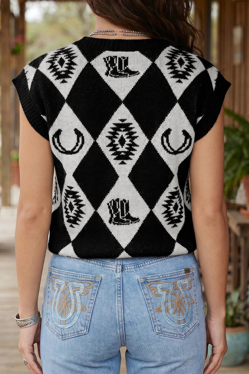 Load image into Gallery viewer, DLLS789 - Ladies Black Retro Rhombus Western Print Drop Shoulder Short Sleeve Sweater
