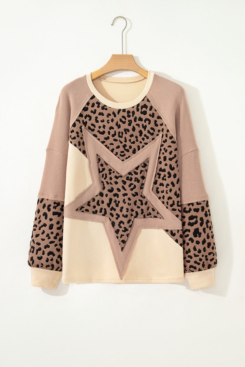 Load image into Gallery viewer, DLLS1013 - Ladies Light French Beige Leopard Star Color Block Textured Baggy Sweatshirt
