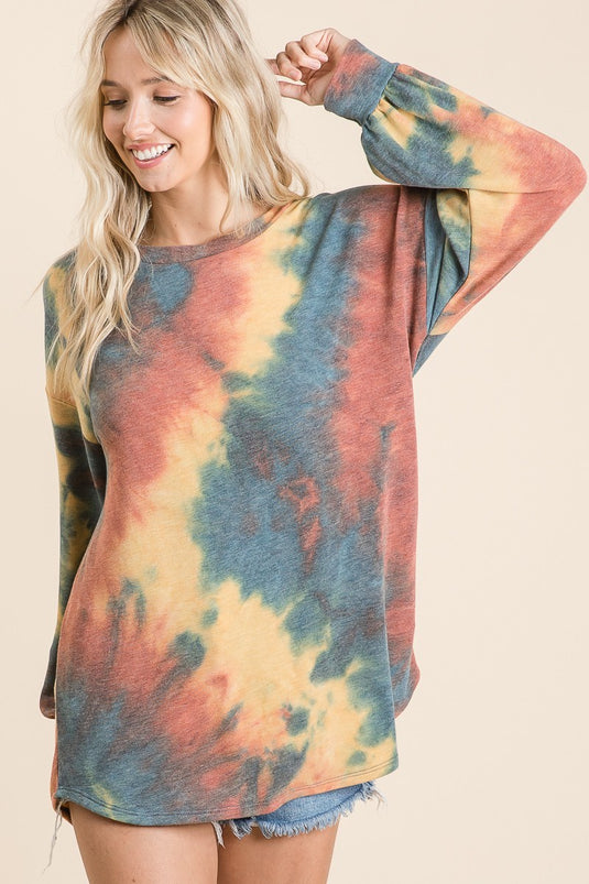 BIBI2- Ladies Tie Dye French Terry Knit Top With Balloon Sleeves
