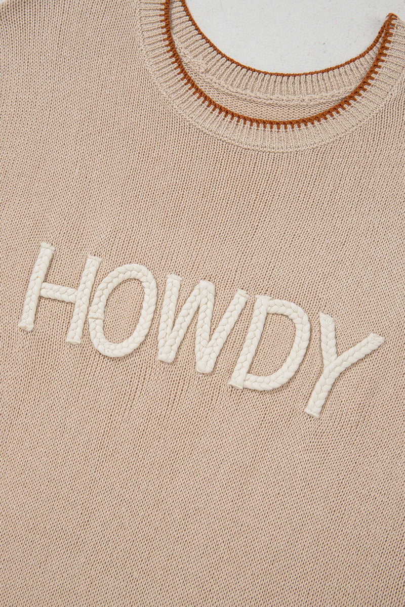Load image into Gallery viewer, DLLS713 - Ladies Parchment Contrast Trim Short Sleeve Knit HOWDY Western Sweater
