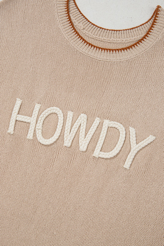 DLLS713 - Ladies Parchment Contrast Trim Short Sleeve Knit HOWDY Western Sweater