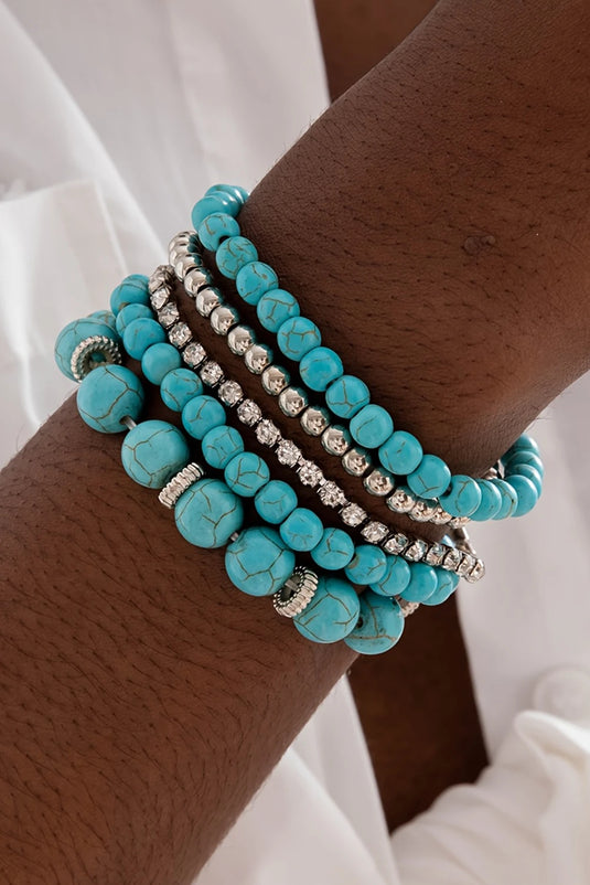 DLLBC 14 - Turquoise Multilayer Alloy Rhinestone Beading Bracelet
