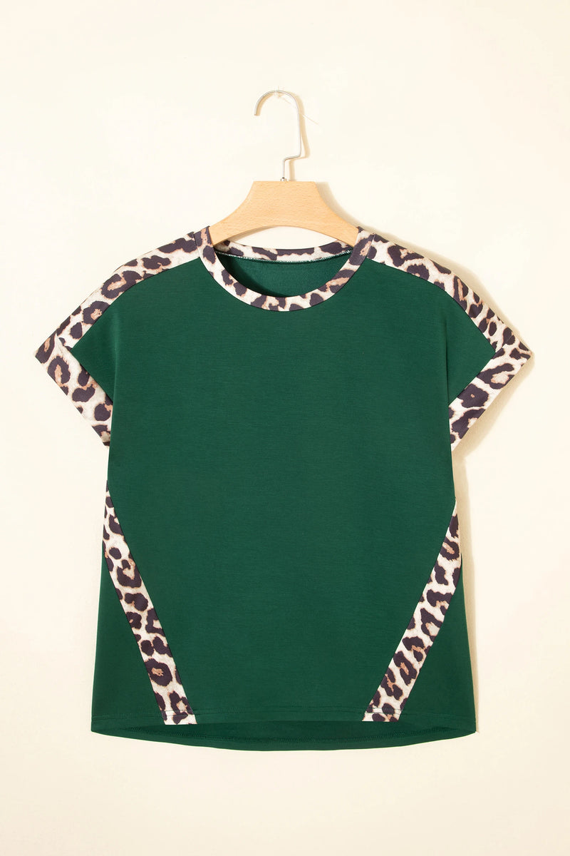 Load image into Gallery viewer, DLLS510 - Ladies Sea Green Leopard Trim Round Neck Loose T Shirt
