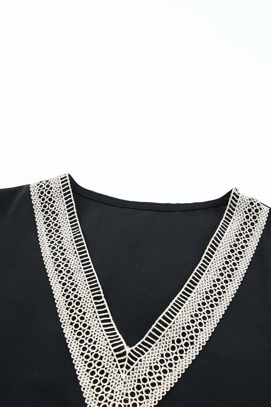 DLLS491 - Ladies Black Lace Trim V Neck Short Sleeve Blouse