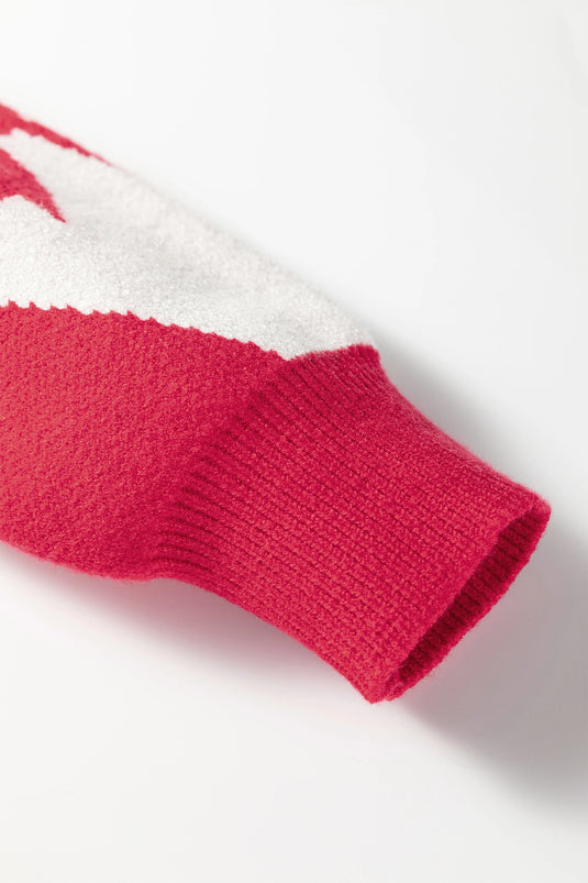 DLLS232 - Ladies Red Bow Print 2-Tone Rhombus Knit Loose Sweater