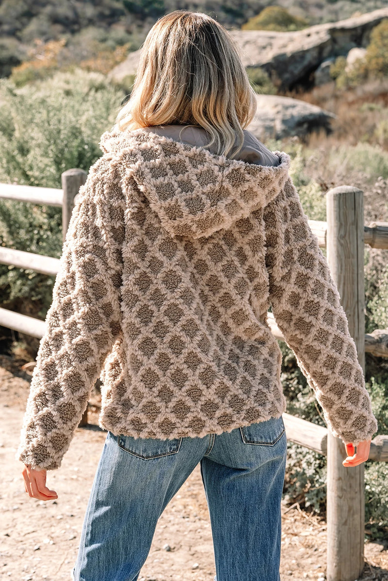 Load image into Gallery viewer, DLLS750 - Ladies Chestnut Sherpa Rhombus Zip Up Side Pocket Hooded Jacket
