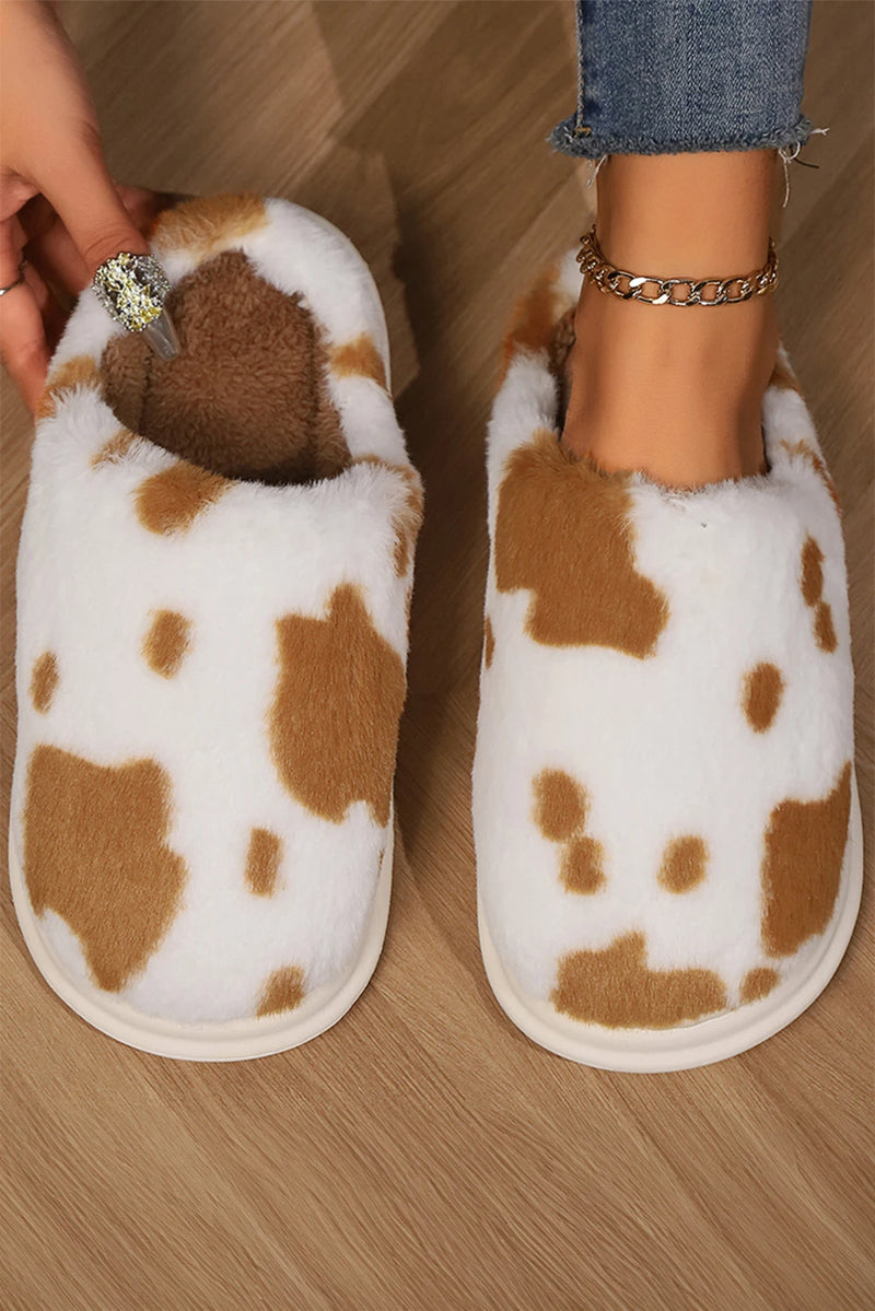 Load image into Gallery viewer, DLLSHOE 128 - Chestnut Cow Spot Printed Plush Home Slippers
