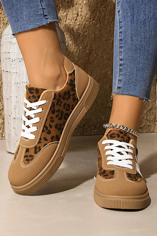 DLLSHOE 59 - Coffee Faux Suede Leopard Color Block Patchwork Sneakers