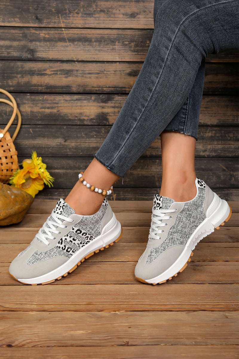Load image into Gallery viewer, DLLSHOE 75 - White Mix Texture Patchwork Leopard Detail Lace Up Sneakers
