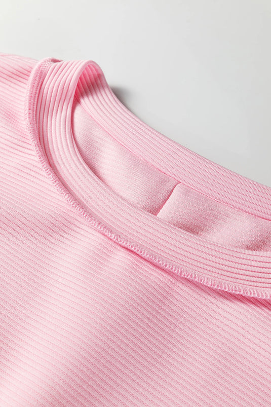 DLLS355 - Ladies Pink Horizontal Ribbed Exposed Seam Detail Long Sleeve Top