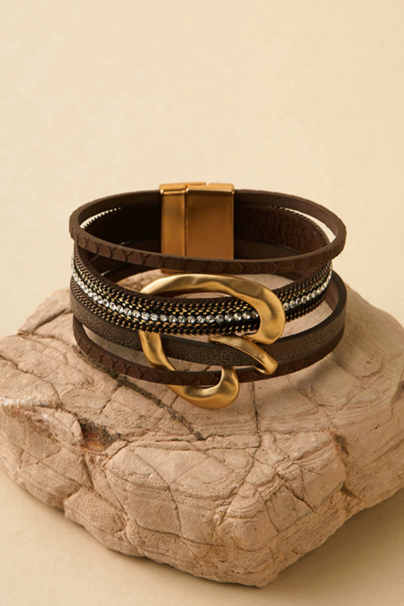 Load image into Gallery viewer, DLLBC 17 - Coffee PU Leather Straps Rhinestone Embedded Retro Magnetic Buckle Bracelet

