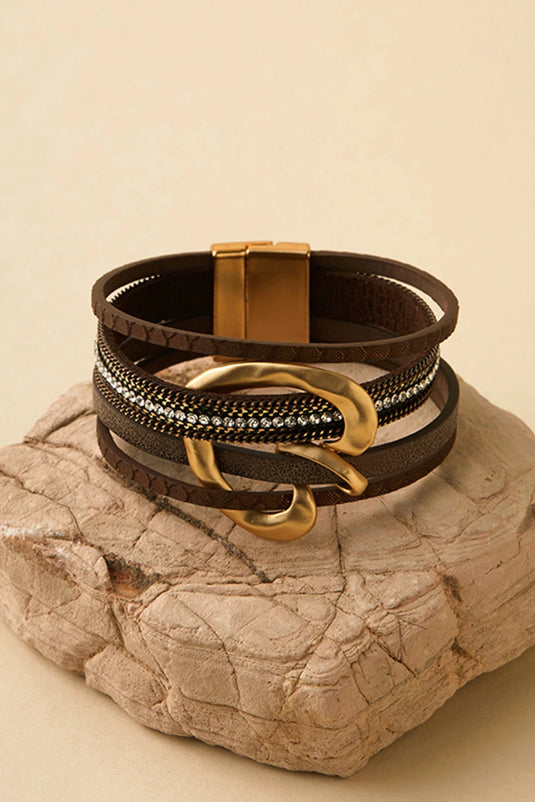 DLLBC 17 - Coffee PU Leather Straps Rhinestone Embedded Retro Magnetic Buckle Bracelet