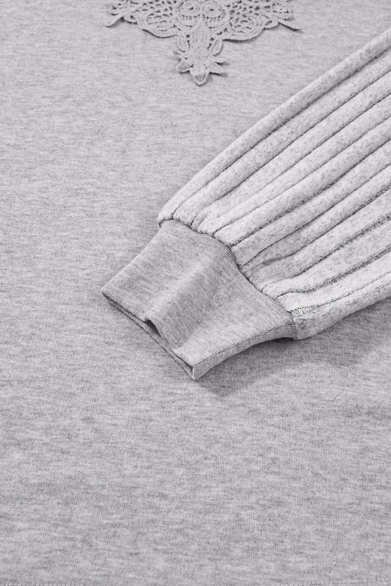 Load image into Gallery viewer, DLLS192 - Ladies Gray Hollowed Lace Ribbed Knit Long Sleeve Patchwork Top
