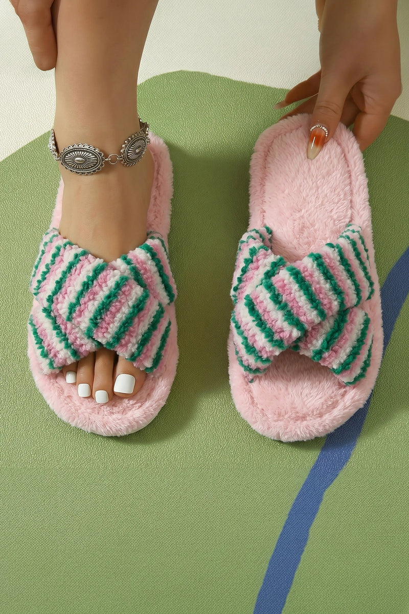 Load image into Gallery viewer, DLLSHOE 184 - Pink Striped Cross Band Soft Plush Open Toe Slippers
