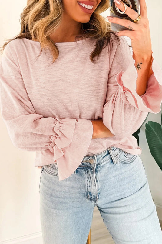 DLLS696 - Ladies Gossamer Pink Ruffle Sleeve Long Sleeve Loose Pullover Top