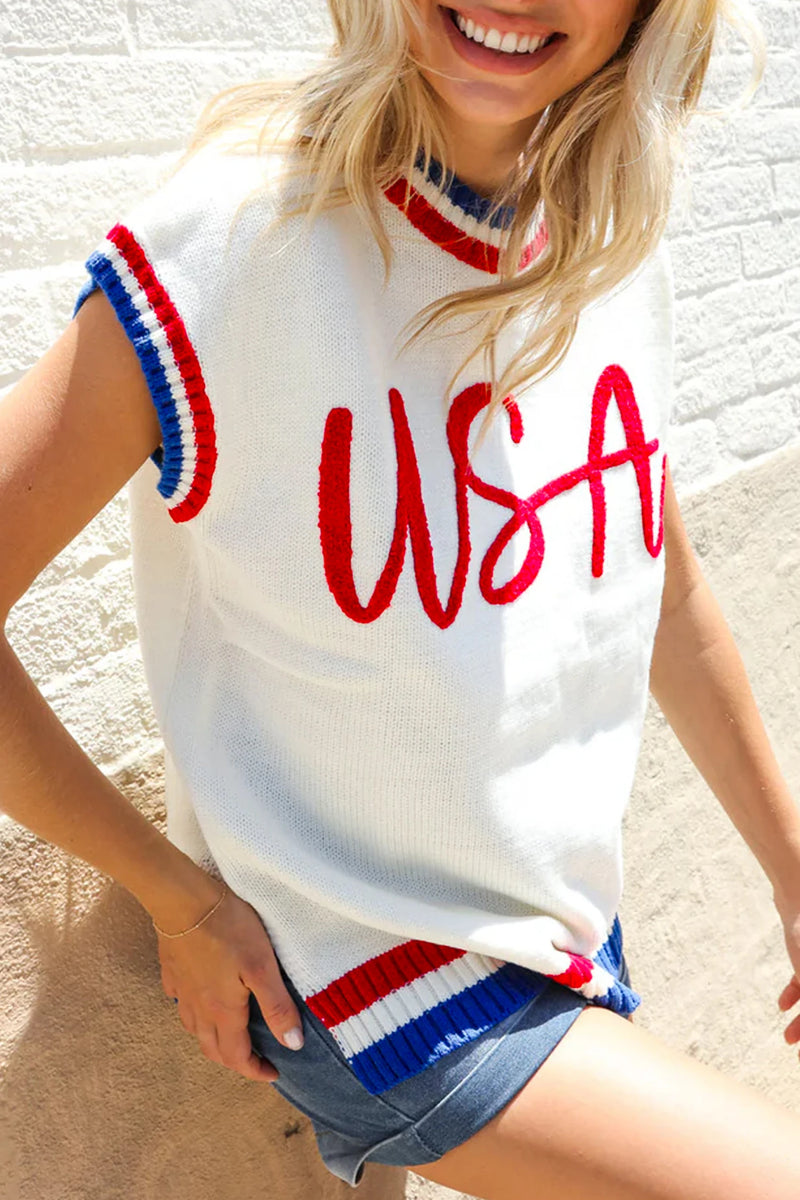 Load image into Gallery viewer, DLLS636 - Ladies White USA Contrast Striped Trim Round Neck Short Sleeve Sweater
