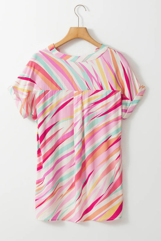 DLLS566 - Ladies Multicolor Abstract Print High Low Short Sleeve Blouse