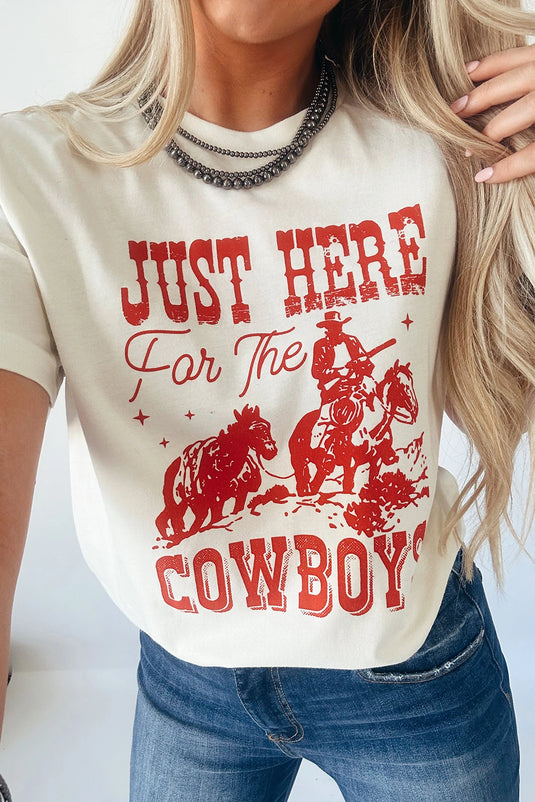 DLLS759 - Ladies White JUST HERE For THE COWBOY Cuffed Sleeve Crew Neck T Shirt
