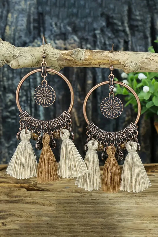 DLLER 9 - Beige Boho Round Tasseled Dangle Earrings