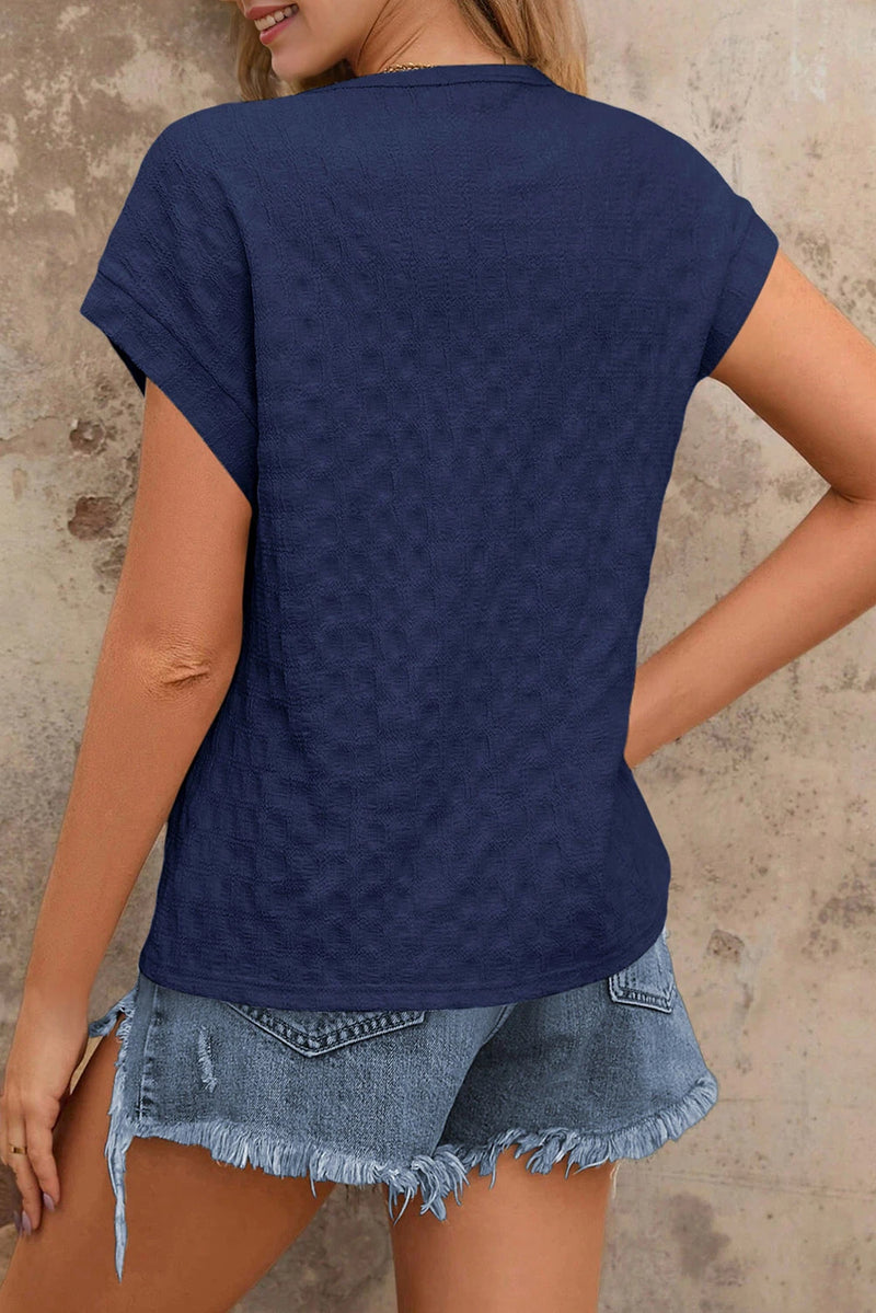 Load image into Gallery viewer, DLLS479 - Ladies Sail Blue Solid Color Textured Batwing Sleeve Tee
