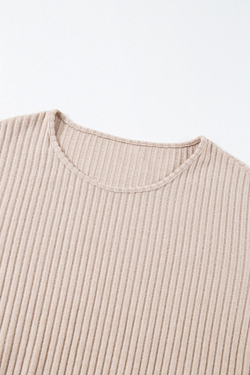 Load image into Gallery viewer, DLLS145 - Ladies Beige Lettuce Cuffs Drop Shoulder Loose Ribbed Knit Top
