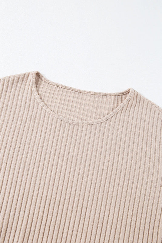 DLLS145 - Ladies Beige Lettuce Cuffs Drop Shoulder Loose Ribbed Knit Top