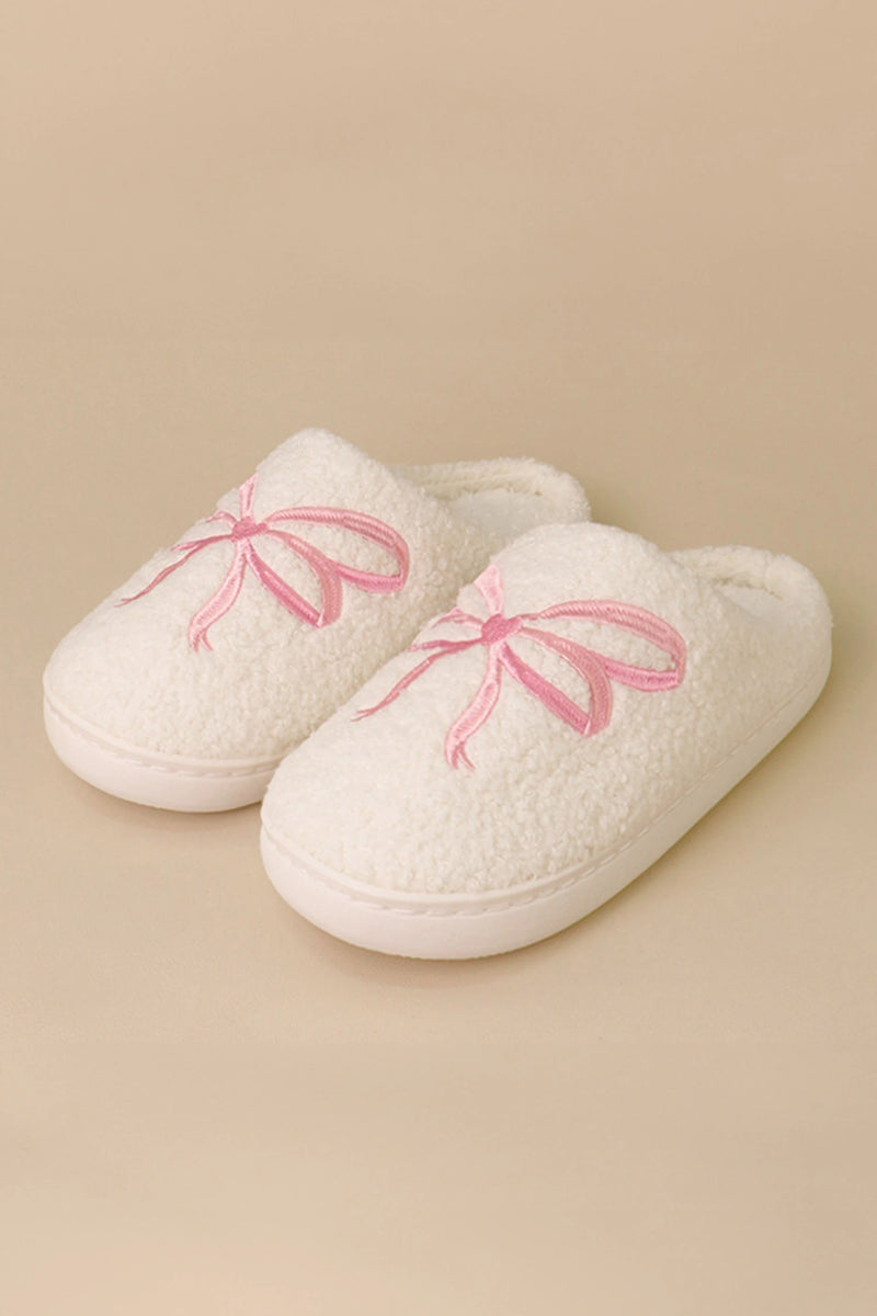 Load image into Gallery viewer, DLLSHOE 182 - White Soft Plush Embroidered Bow Detail Winter Slippers

