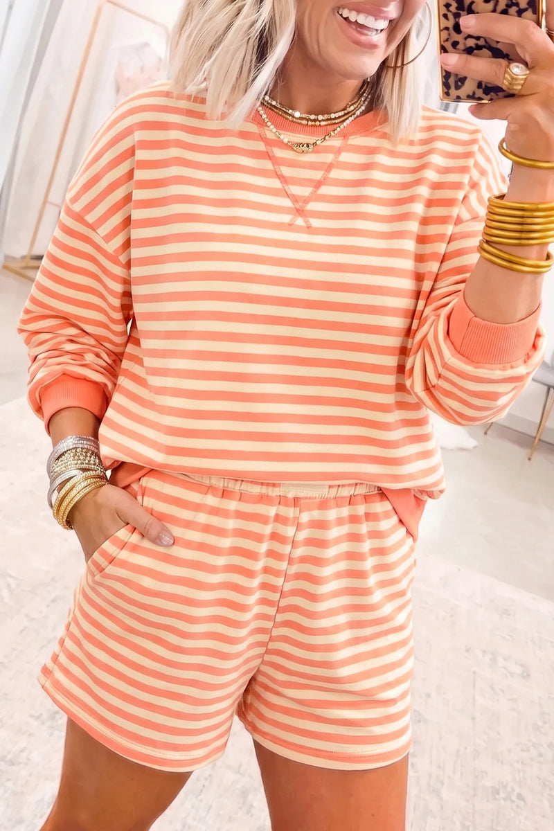 Load image into Gallery viewer, DLLS1098 - Ladies Grapefruit Orange Drop Shoulder Long Sleeve Pullover Elastic Waist Casual Short Set
