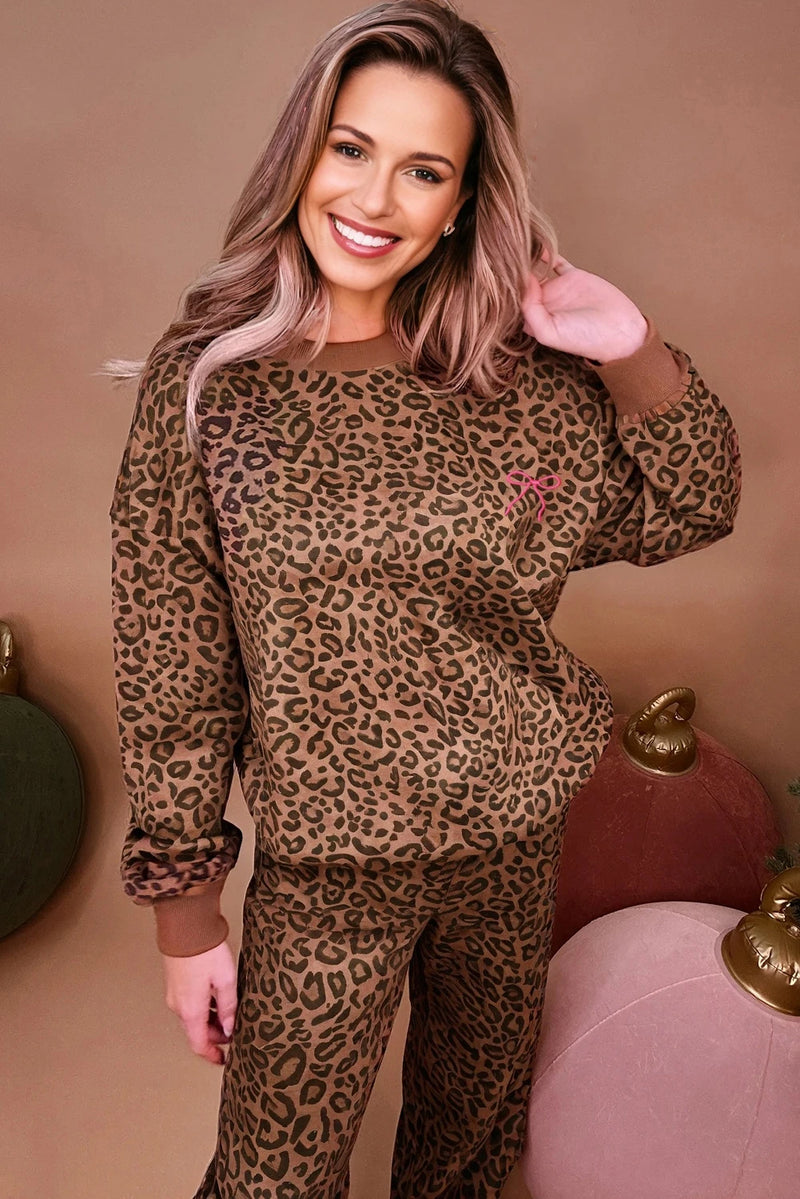 Load image into Gallery viewer, DLLS312 - Ladies Coffee Leopard Print Contrast Trim Long Sleeve Top and Pants Set

