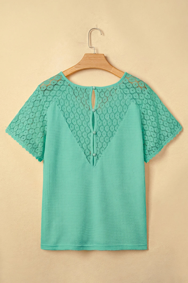 Load image into Gallery viewer, DLLS702 - Ladies Mint Green Lace Splicing Button Cutout V Neck Waffle Knit Blouse
