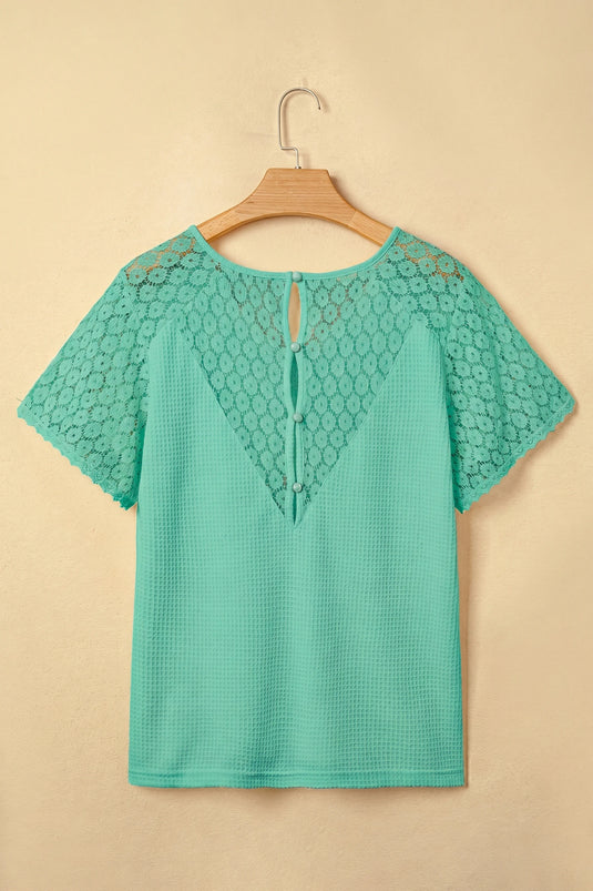 DLLS702 - Ladies Mint Green Lace Splicing Button Cutout V Neck Waffle Knit Blouse