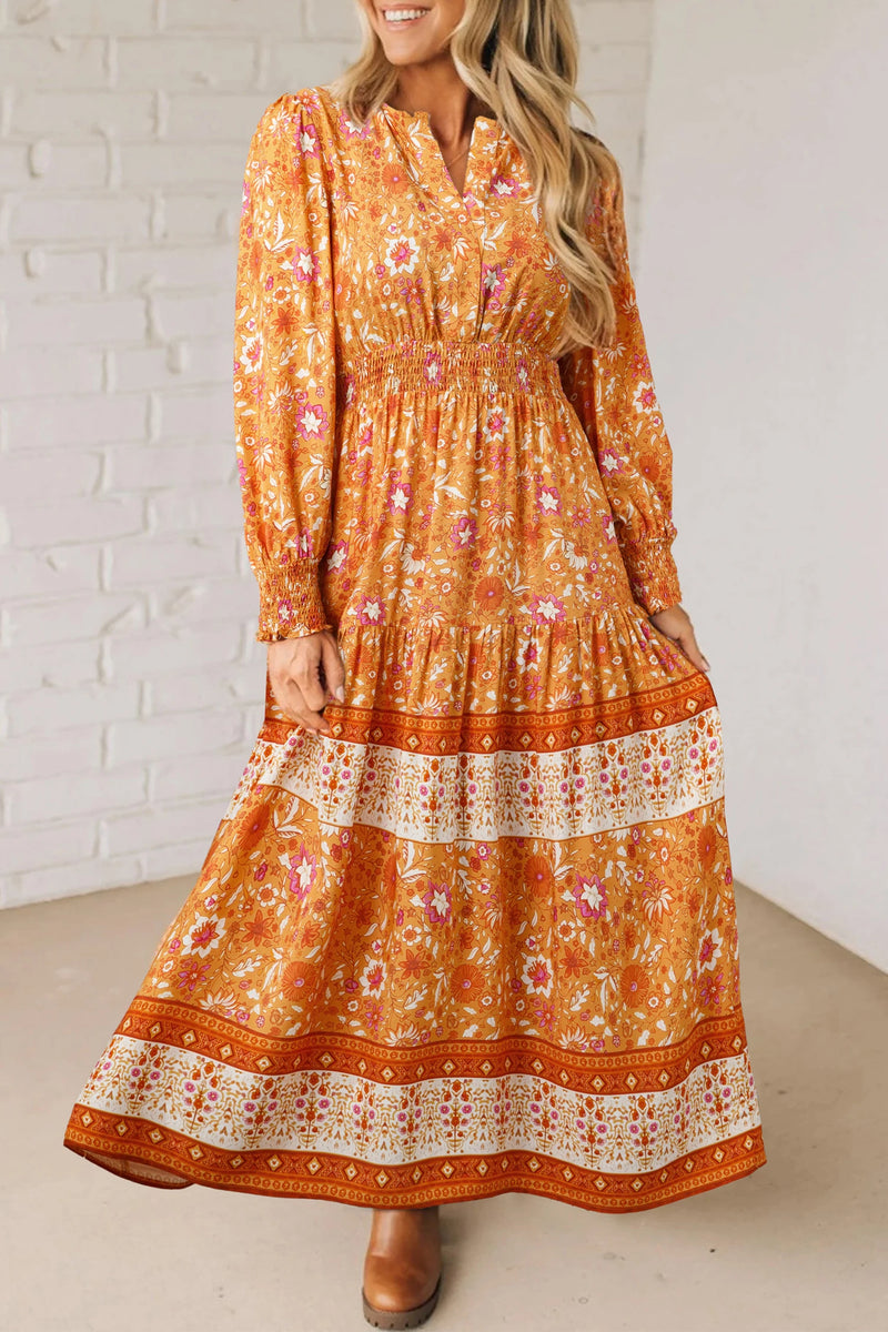 Load image into Gallery viewer, DLLS995 - Ladies Orange Floral Print Smocked Waist Long Sleeve Boho Maxi Dress
