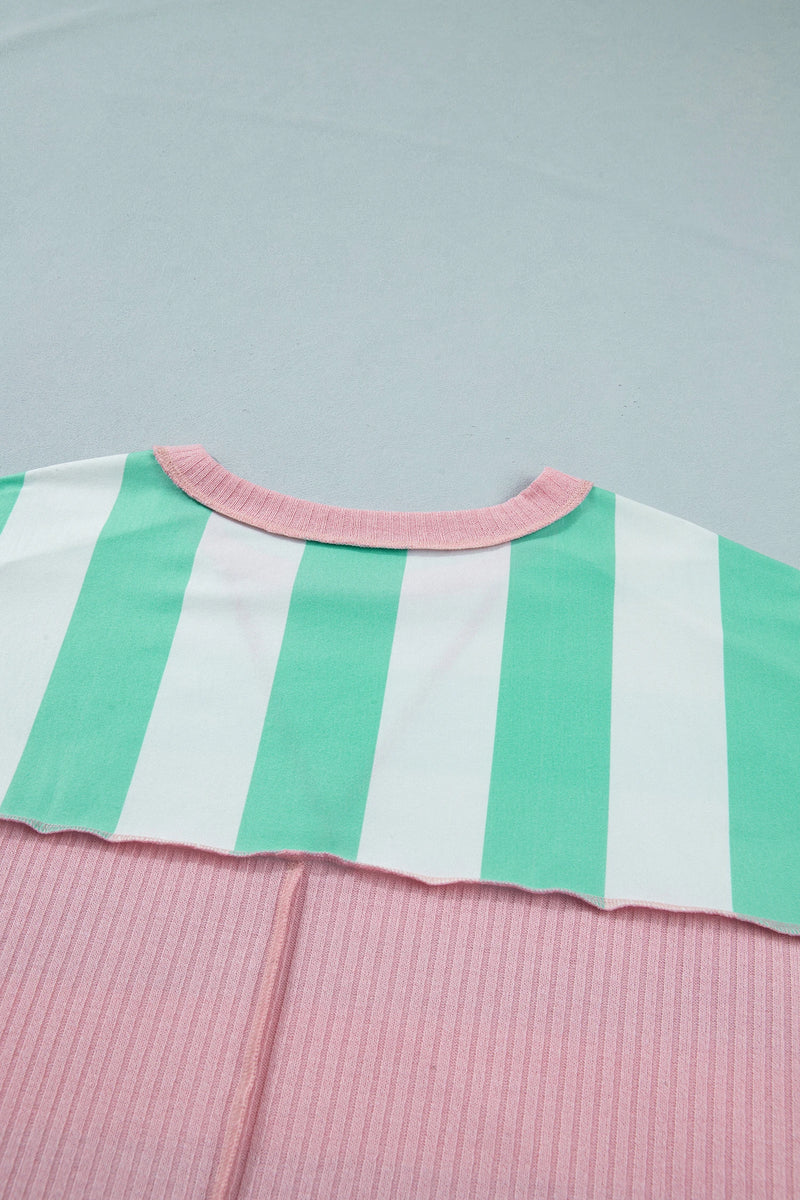 Load image into Gallery viewer, DLLS715 - Ladies Green Stripe Exposed Seam Ribbed Patchwork Oversized Tee
