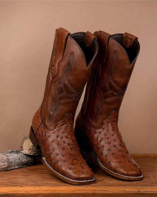 8006 - RockinLeather Men's Cognac Full Quill Ostrich Square Toe Western Boot