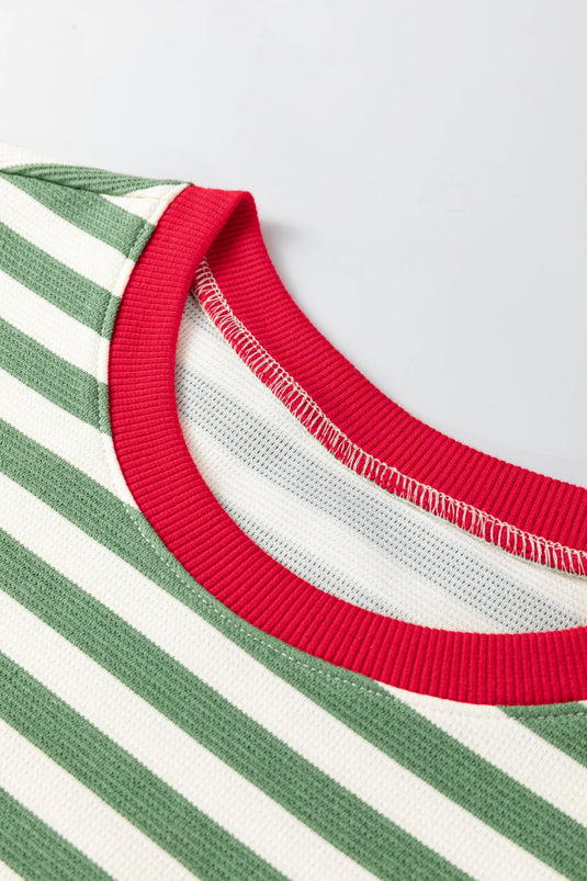 DLLS435 - Ladies Green Stripe Short Puff Sleeve Contrast Trim Round Neck Tee