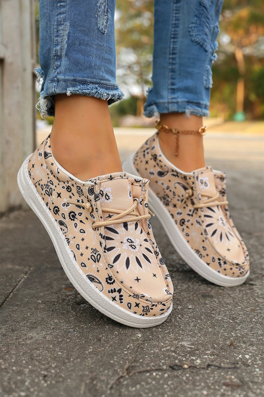 DLLSHOE 164 - Khaki Boho Floral Print Lace-up Detail Canvas Flat Shoes