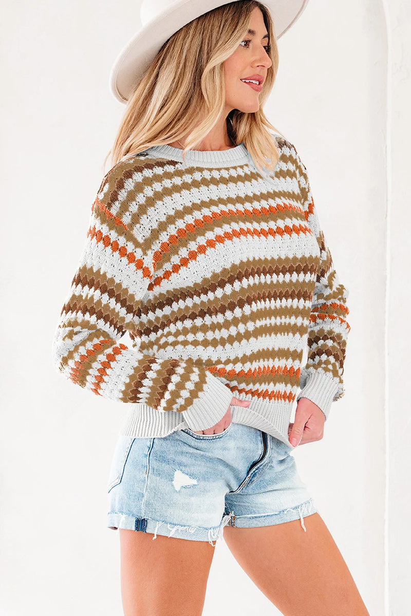 Load image into Gallery viewer, DLLS300 - Ladies Brown Stripe Eyelet Patterned Drop Shoulder Sweater
