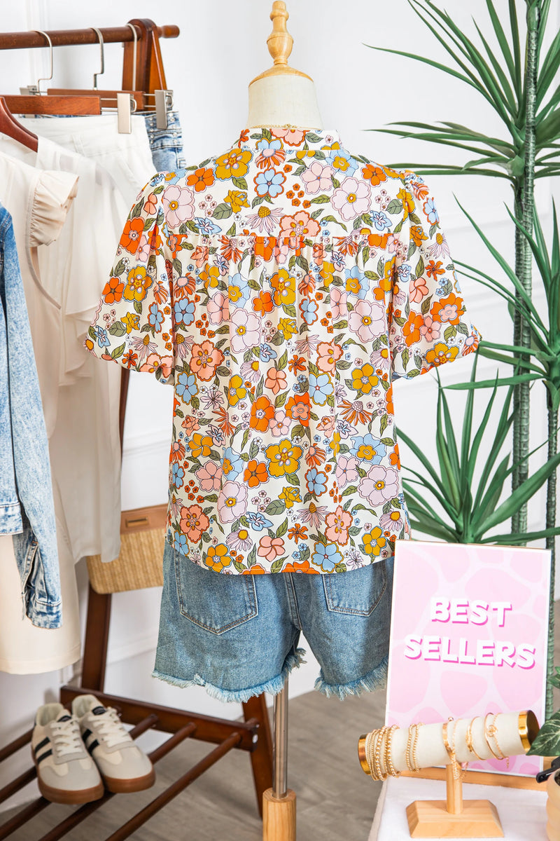 Load image into Gallery viewer, DLLS939 - Ladies Multicolour Crochet V Neckline Puff Sleeve Boho Flower Blouse
