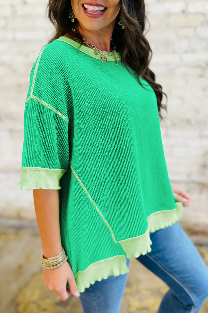Load image into Gallery viewer, DLLS512 - Ladies Mint Green Loose Uneven Hem Twist Ribbed T Shirt
