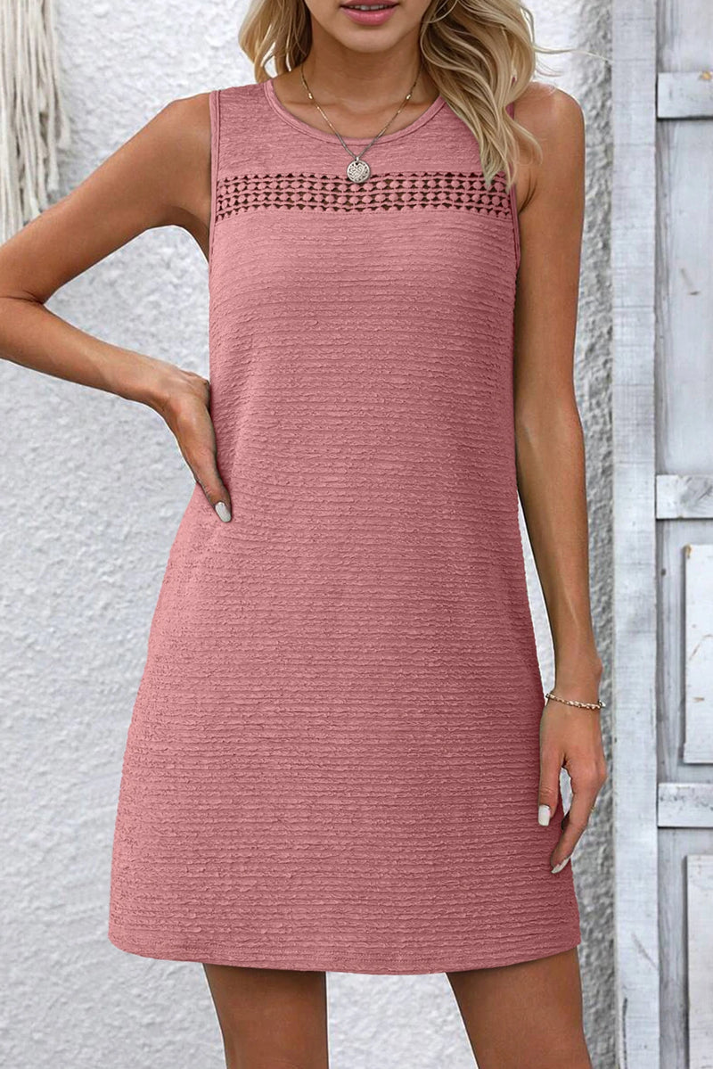 Load image into Gallery viewer, DLLS522 - Ladies Rose Solid Color Textured Lace Hollowed Detail Sleeveless Mini Dress
