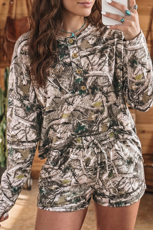 DLLS769 - Ladies Brown Camo Long Sleeve Top Elastic Waist Shorts Two Piece Set