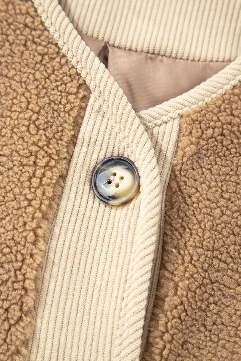 Load image into Gallery viewer, DLLS199 - Ladies Light French Beige Puffy Plush Corduroy Edge Patchwork Jacket with Big Pockets
