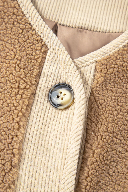 DLLS199 - Ladies Light French Beige Puffy Plush Corduroy Edge Patchwork Jacket with Big Pockets