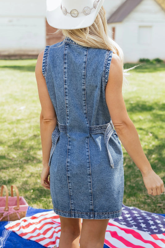 DLLS582 - Ladies Myosotis Western Belt Button Down Sleeveless Denim Short Dress
